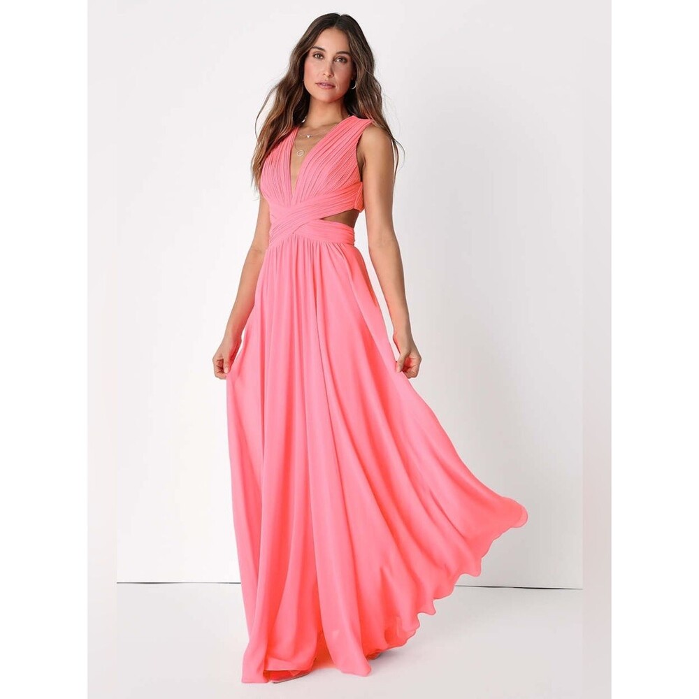 NWT Lulus Vivid Imagination Neon Pink Cutout Maxi Dress Size Medium